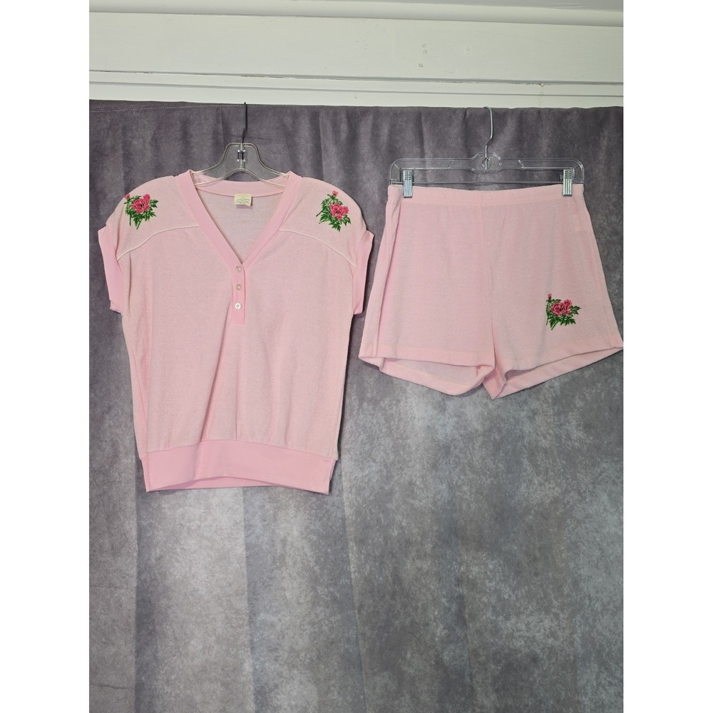 VTG 80s Montgomery Ward Pink Terry Cloth Shorts Set Floral Top L - Picture 2 of 15